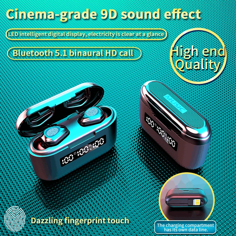 Nye 9D Bluetooth 5.1 Hovedtelefoner Touch Kontrol TWS Hovedtelefoner Headset HiFI Stereo-I-øret Øretelefoner LED-Display-Trådløse Headsets