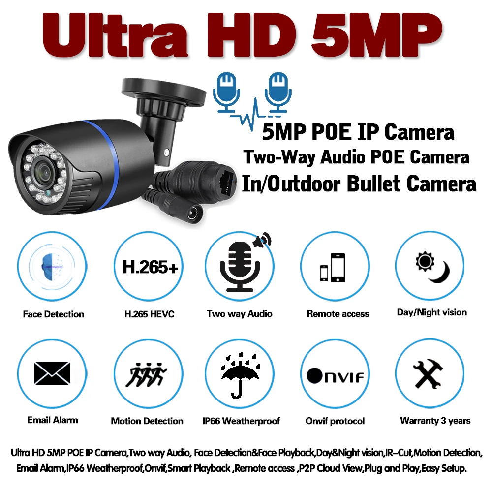 Face Detection-5MP HD Sikkerhed POE IP-Kamera To-Vejs Audio AI Kamera Udendørs Vandtæt Videoovervågning for ONVIF NVR-System
