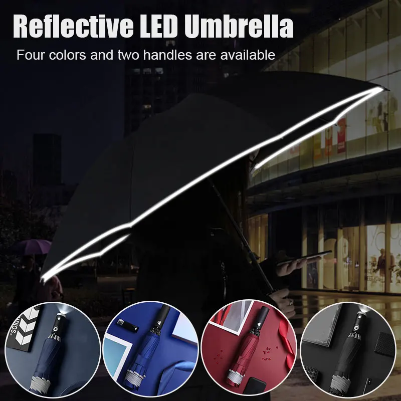 LED Omvendt med Refleks-Stribe Automatisk 3-Fold Paraply Drop Shipping