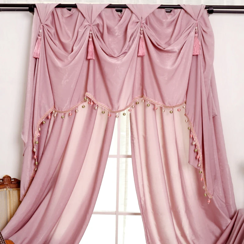 Europæisk stil luksus valance forhæng til stuen pink silke-lignende bløde drapere panel for piger soveværelse solid ren vindue tørklæde