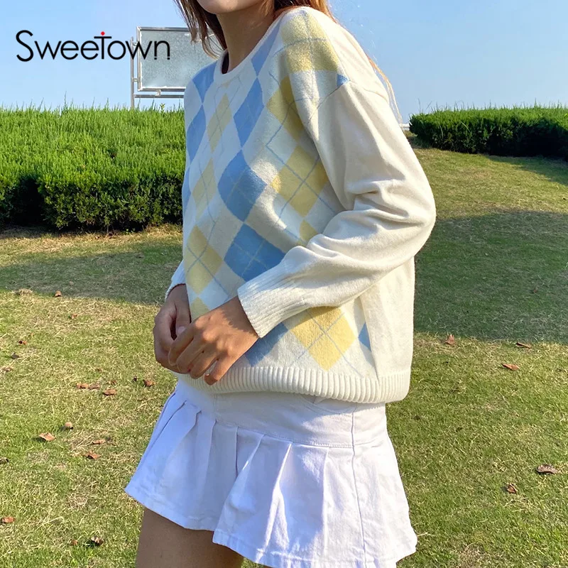 Sweetown Argyle Plaid Strikket langærmet Trøjer Kvinder England Preppy Stil Søde Y2K Efteråret Trøjer 90'erne koreanske Kawaii Strik