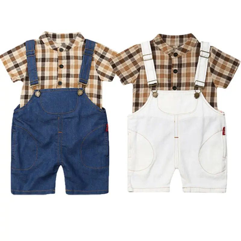Toddler Dreng Tøj Kid Baby Dreng Gentleman, der Passer Ternet kortærmet T-shirt, Top+ Samlede Bib Pants 2stk Outfit