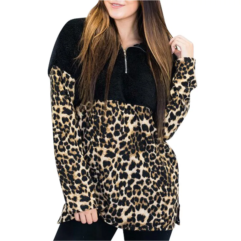 Mode til Kvinder Leopard langærmet Vinter Varm Bamse Hoodie Sweatshirt Fleece Frakke Pullover Jumper Toppe
