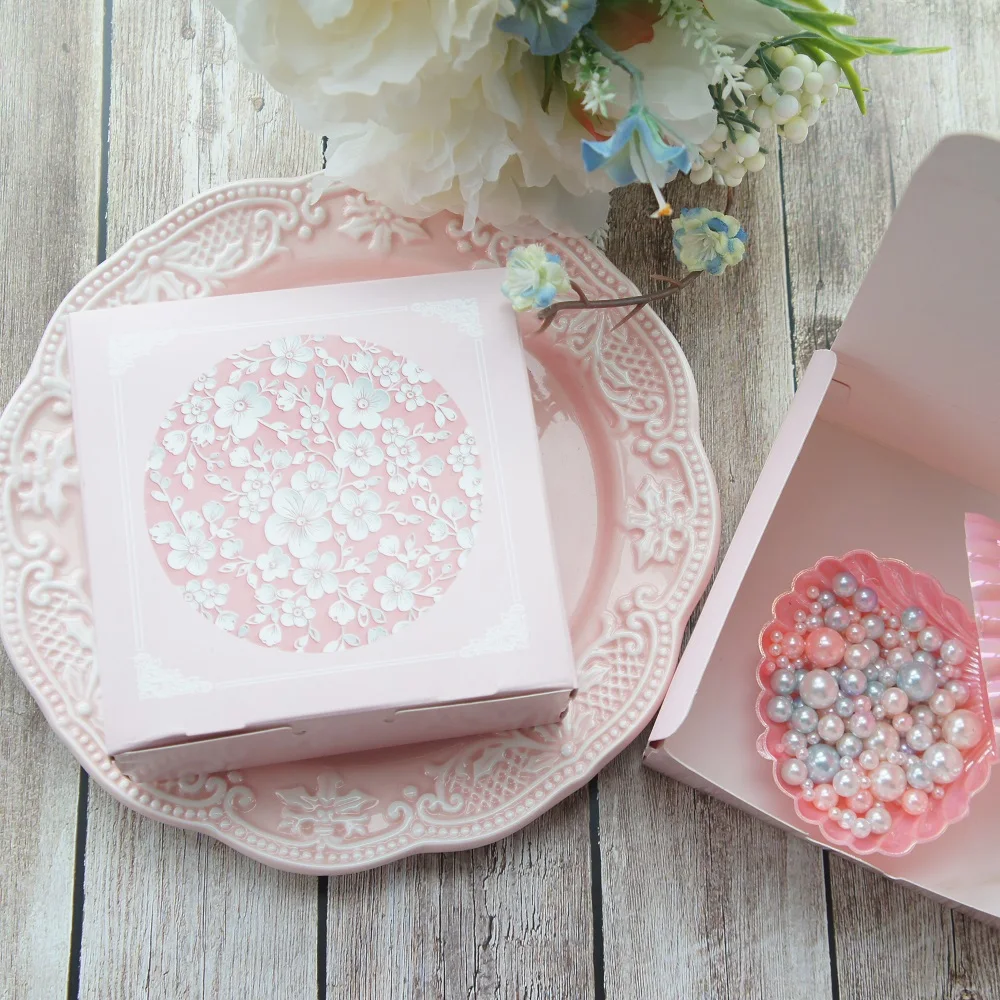 Ny 12*12*4.5 cm pink sakura blomst fuglekirsebær Papir Box Cookie som cookie slik håndlavet gave Indpakning Bryllup Jul Brug