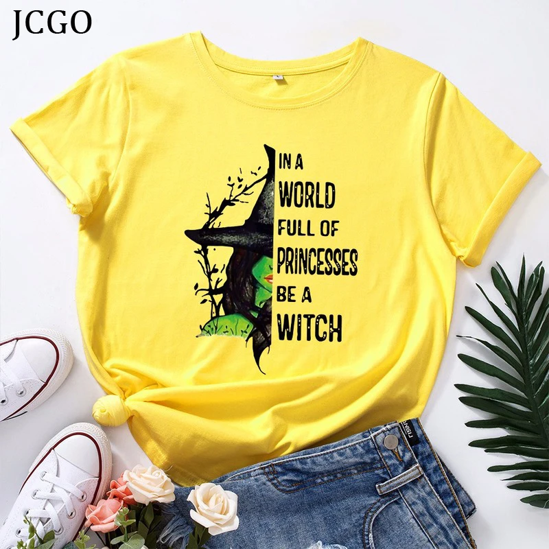 JCGO Mode Sommer T-Shirt til Kvinder Plus Størrelse 5XL Bomuld Halloween Witch Print Kvindelige Kort Ærme t-shirts Casual Dame Toppe Tee
