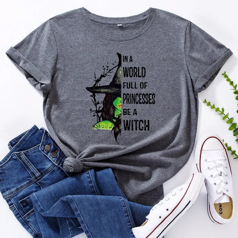 JCGO Mode Sommer T-Shirt til Kvinder Plus Størrelse 5XL Bomuld Halloween Witch Print Kvindelige Kort Ærme t-shirts Casual Dame Toppe Tee