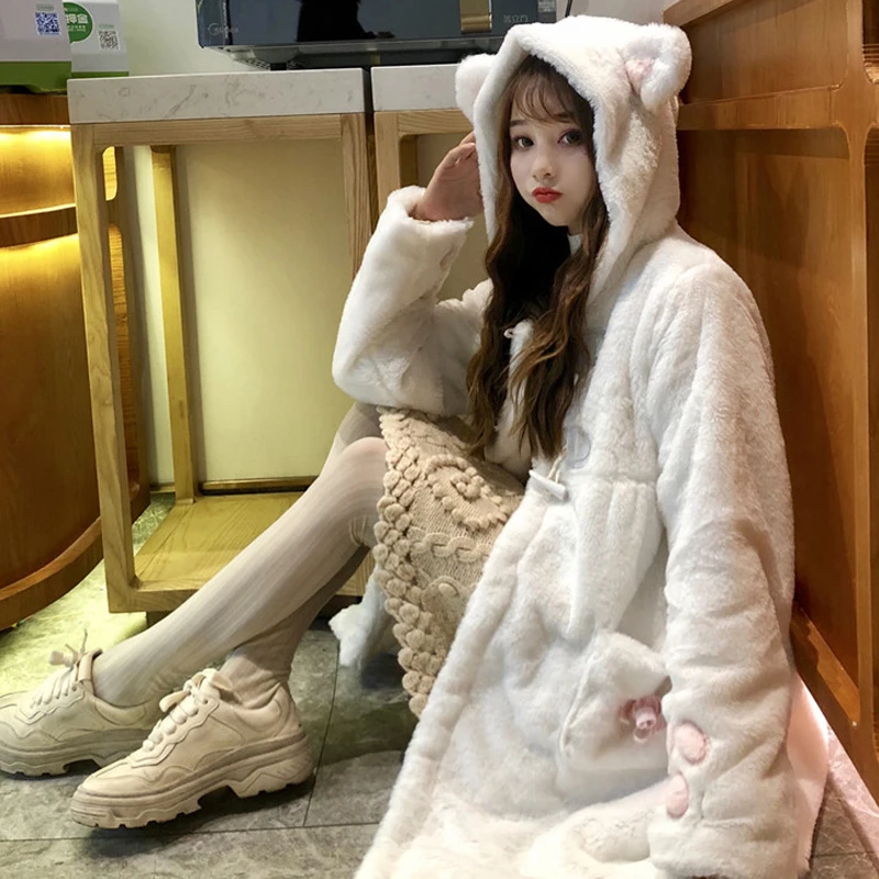 Vinteren Japansk Sød Girly Lolita Frakker Kvinder Kawaii Outwear Varmt, Blødt Plys Tegnefilm Animationsfilm Søde Kat Ører Hætteklædte Jakker 2020