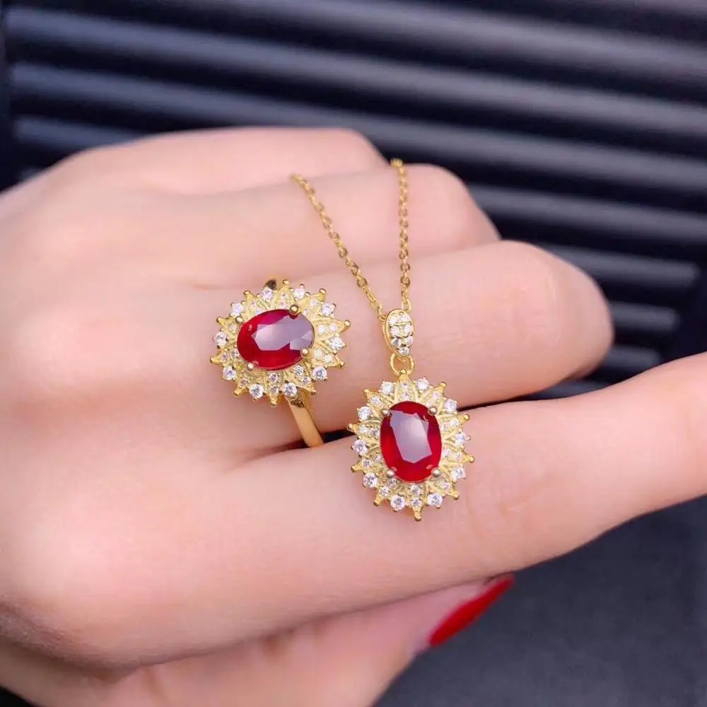 Vintage red crystal ruby ædelstene, diamanter, ringe, vedhæng, halskæder til kvinder guld tone smykke sæt bijoux fest tilbehør