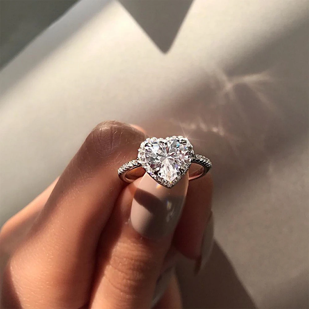 Klassisk Hjerte 925 Sterling Sølv vielsesringe for Kvinder 2ct Simuleret Diamant Engagement Ringe finger Smykker pige gave