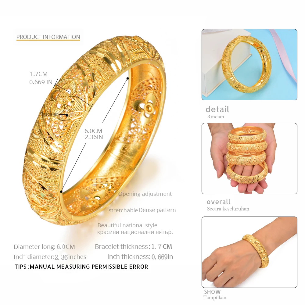 24K 4stk Dubai Armringe i Guld Farve Armbånd Til Kvinder, Piger Armbånd Arabiske/Etiopiske Brude smykker Armbånd Ramadan smykker Gave