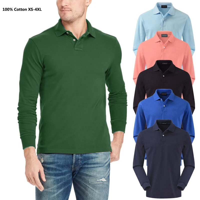 Bomuld Herre Polo Shirts, langærmet ensfarvet Casual Polo Para Hombre Høj Kvalitet Mode Brand Mandlige Revers Toppe XS-4XL