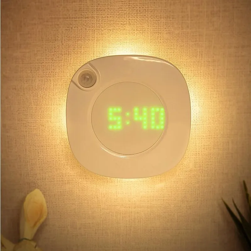 PIR bevægelsesføler LED væglampe Magnet Indendørs Nat lys Med Ur Til Badeværelse Soveværelse Korridor Indretning Forfængelighed væglampe