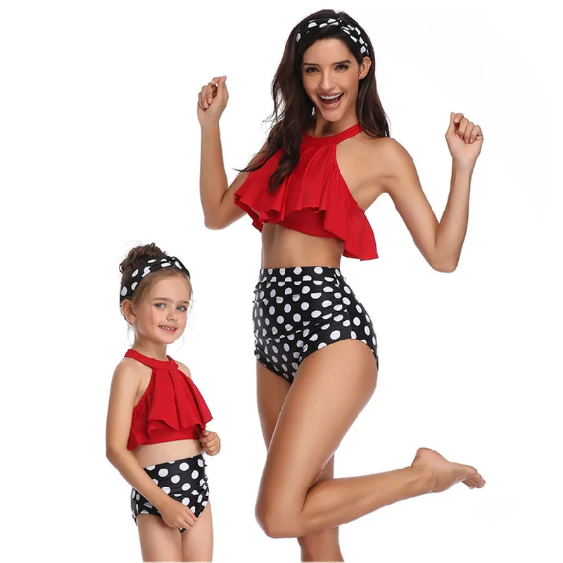 Forældre-barn-Badetøj Kvinder 2 Piece Bikini Sæt Flæsekanter Biquini Høj Talje Mor Datter Familie Matchende Udstyr Svømmetur Kulør 2021