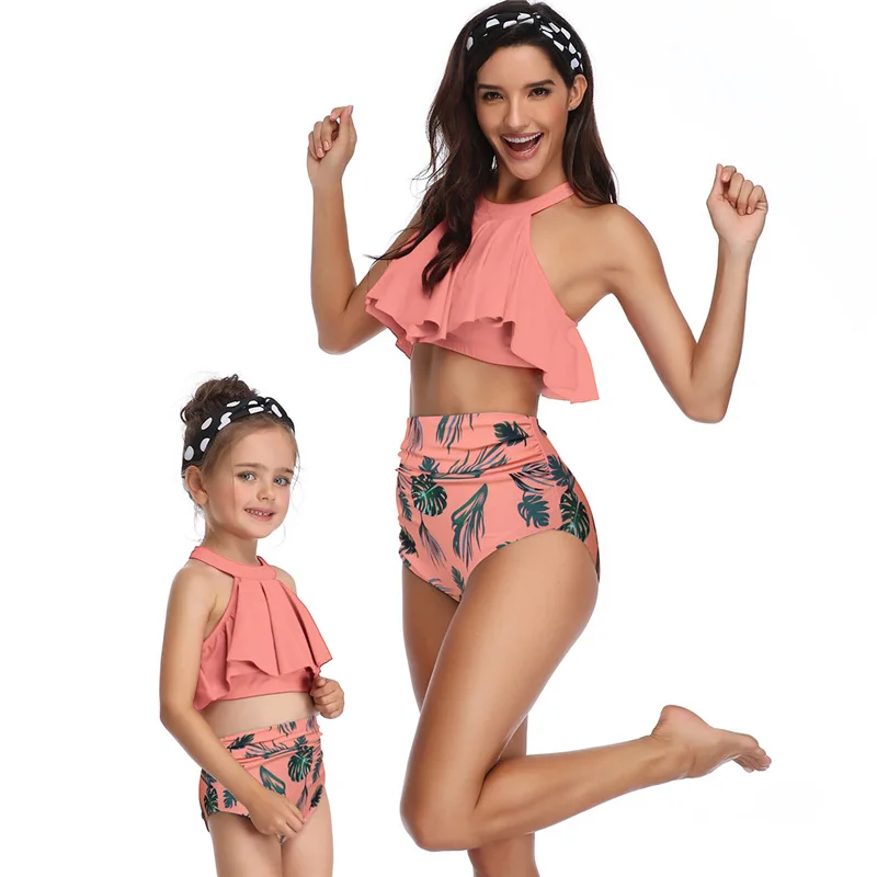 Forældre-barn-Badetøj Kvinder 2 Piece Bikini Sæt Flæsekanter Biquini Høj Talje Mor Datter Familie Matchende Udstyr Svømmetur Kulør 2021