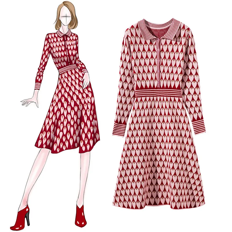 Efteråret Streetwear langærmet kjole Elegant dame Rød Sweater kjole 2018 Mode Elegant Lang stil Strikket Sweater kjole
