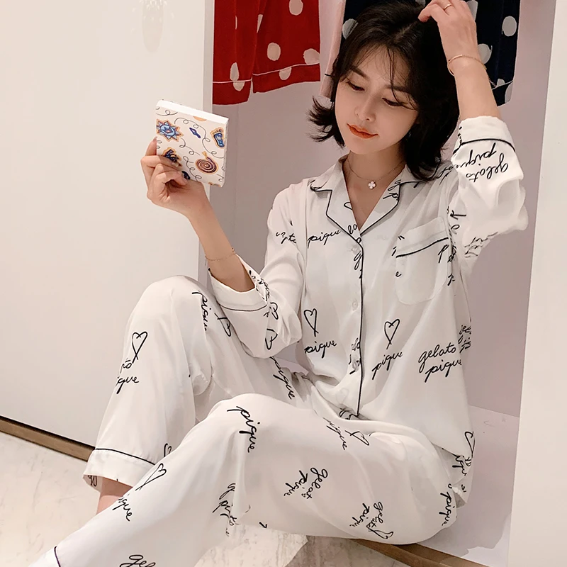 Sommeren koreanske Print Satin Pyjamas Pyjamas, der Passer langærmet Nattøj Damer PJ Sæt Night Slid Efterligning Silke Pijamas For Kvinder