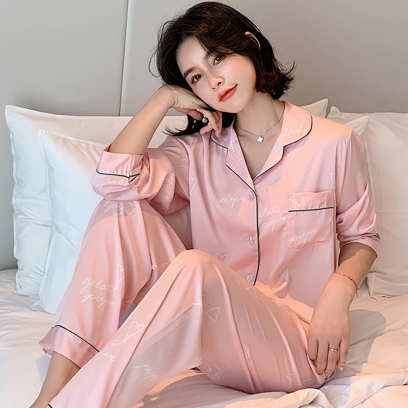 Sommeren koreanske Print Satin Pyjamas Pyjamas, der Passer langærmet Nattøj Damer PJ Sæt Night Slid Efterligning Silke Pijamas For Kvinder