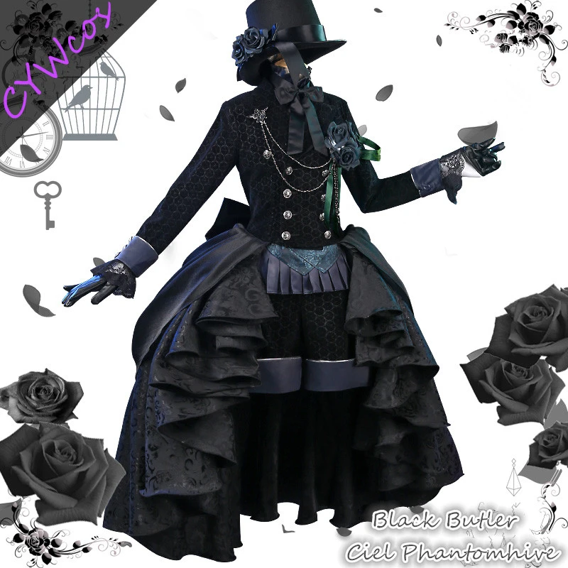 Anime Black Butler Ciel Phantomhive Tegneserie Cosplay Kostumer Black Rose Kjoler Halloween Kostume Kvinder Kjole, Hat+Handsker+Shorts