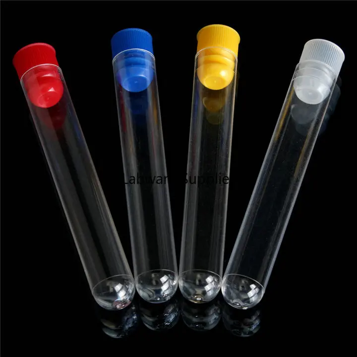 50stk 15x150mm 20 ml Klar Plast reagensglas med plast blå/rød prop skubbe hætten til skole, eksperimenter og tests