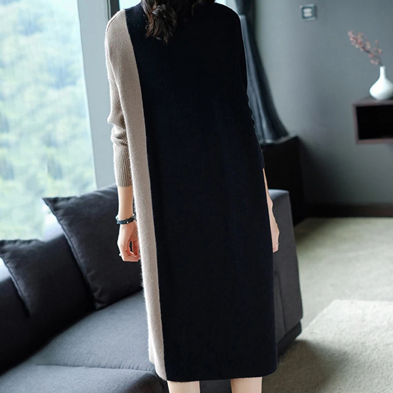 Kvinder Kjole Mode Strikket Efteråret Kvinder Patchwork Løs Sweater Kjoler 2019 Plus Size Vinter Casual Fest Elegant Kjole