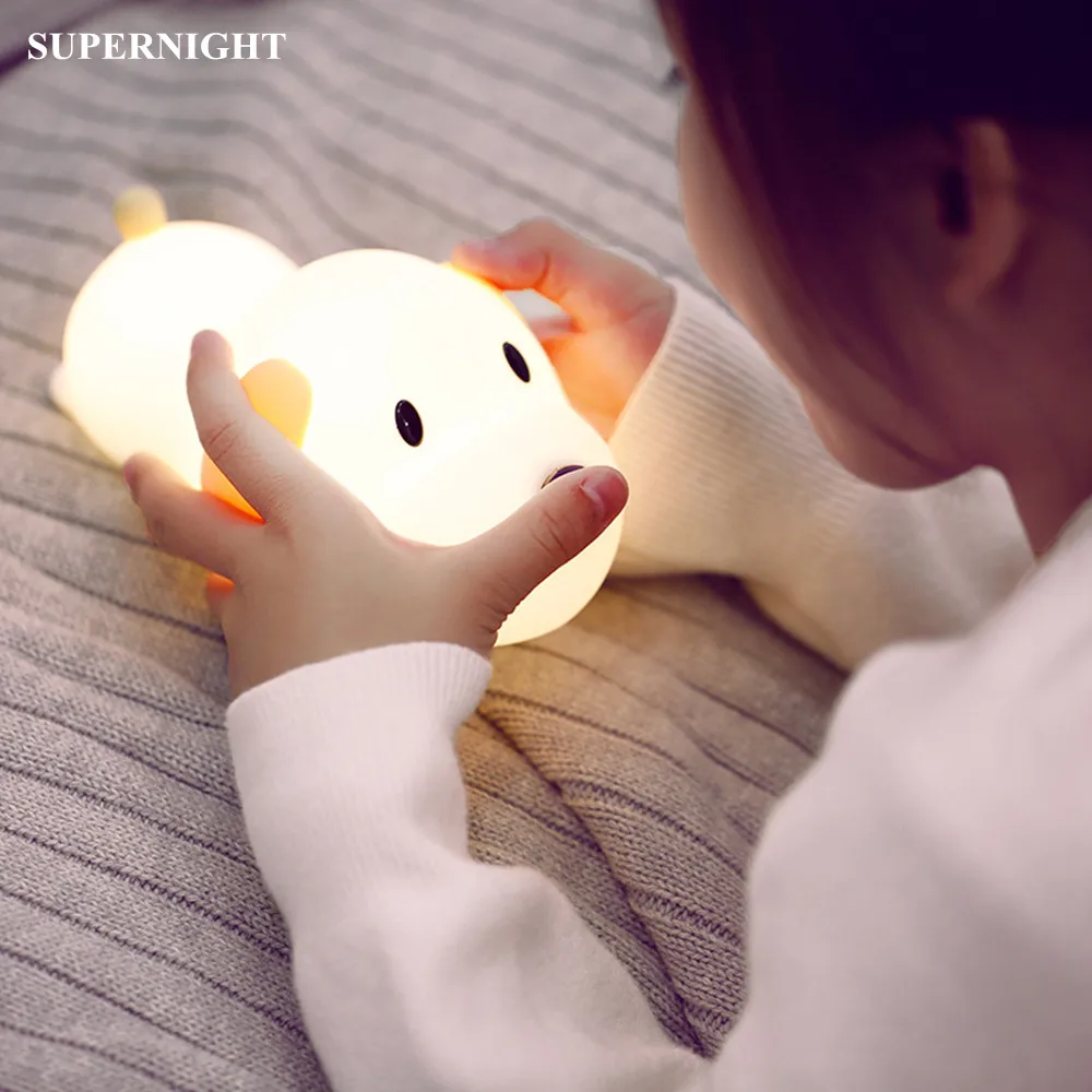 Tegnefilm Dog LED Nat Lys Touch Lampe kan Dæmpes Timer Genopladelige Silikone Hvalp Soveværelse Lampe for Børn Baby Gave