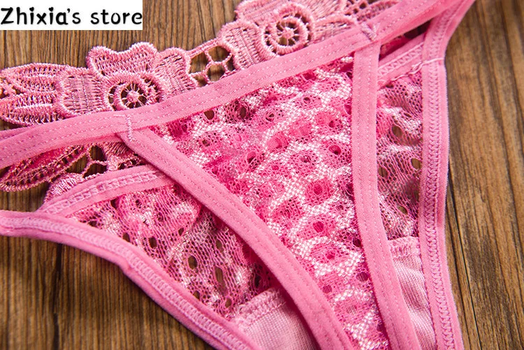 Sexet Low-Rise Trusse Antyder Blomst Broderede Blonder Undertøj til Kvinder T-back Gennemsigtige Trusser T-formet Pink Solid undertøj