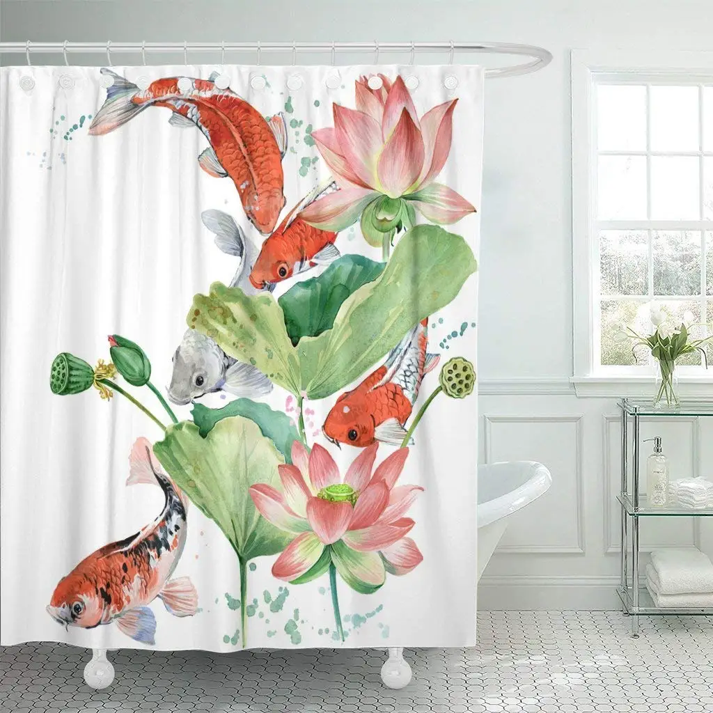 Farverige Fisk Akvarel Koi Karper og Lotus Blomst Pink Animal Asia badeforhæng Badeværelse Sætter Kroge,Vandtæt Polyester