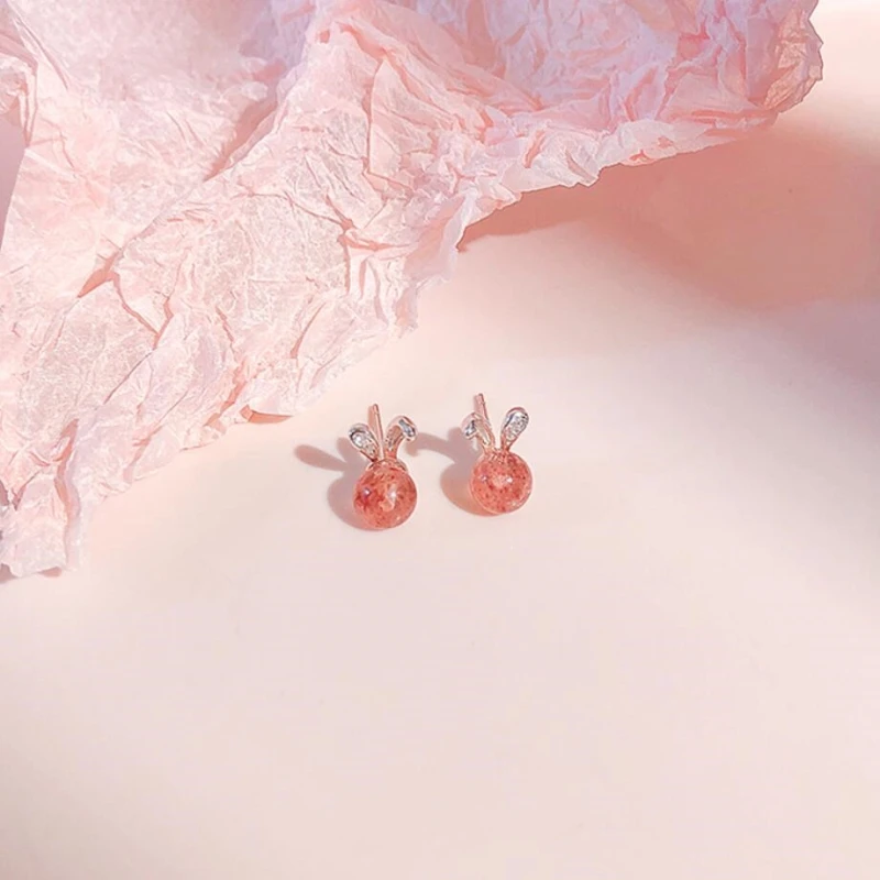 WYEAIIR Pink Jordbær Crystal Kanin Ører Enkel Sød Romantisk Søde 925 Sterling Sølv Kvindelige Stud Øreringe