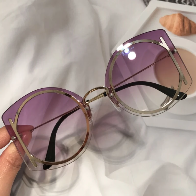 2021 Nye Brand Runde Solbriller Til Kvinder Vintage Uindfattede Overdimensionerede Legering Sol Briller Kvindelige Gradient Elegante Grå Pink Nuancer