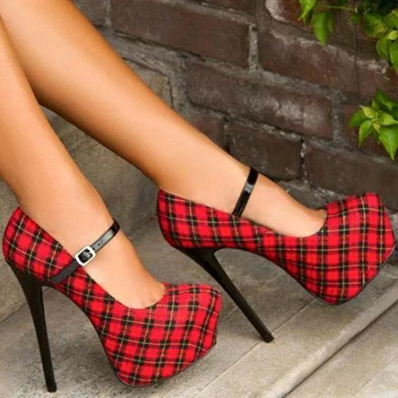 SHOFOO sko,Elegante stilfulde kvinder sko, rød plaid, ca 14,5 cm høj-heeled sko, rund tå pumper.STØRRELSE:34-45