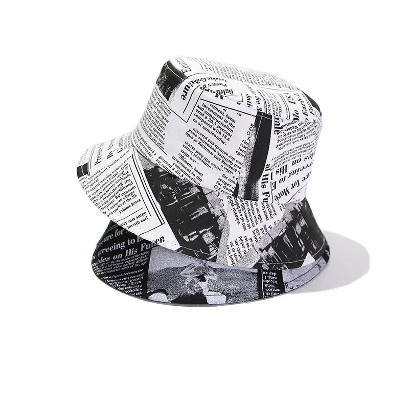 Sort Hvid Brev avis Print solhat Mode Fisker Hatte Mænd Kvinder Street Hip Hop Bucket Hat Fiskeri Cap