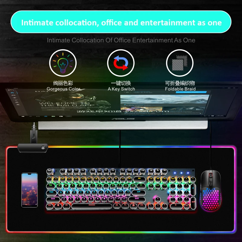 Gaming musemåtte RGB Stor musemåtte Computer, Gamer Musemåtte Stor musemåtte med Baggrundsbelysning for Tastatur PC Skrivebord Spille Mat