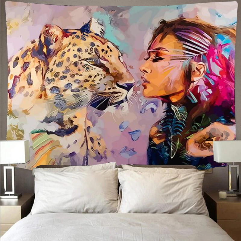 Skønhed udyret lion wolf gobelin olie maleri kunst print gobelin psykedelisk væggen hænger strand håndklæde, polyester og tyndt tæppe yoga