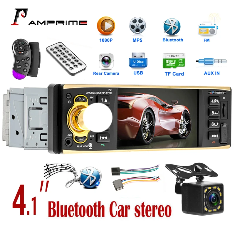 AMPrime 1 din bil radio Understøtter Bluetooth Autoradio FM AUX USB, SD-Kort, bakkamera med Rat Kontrol 4.1