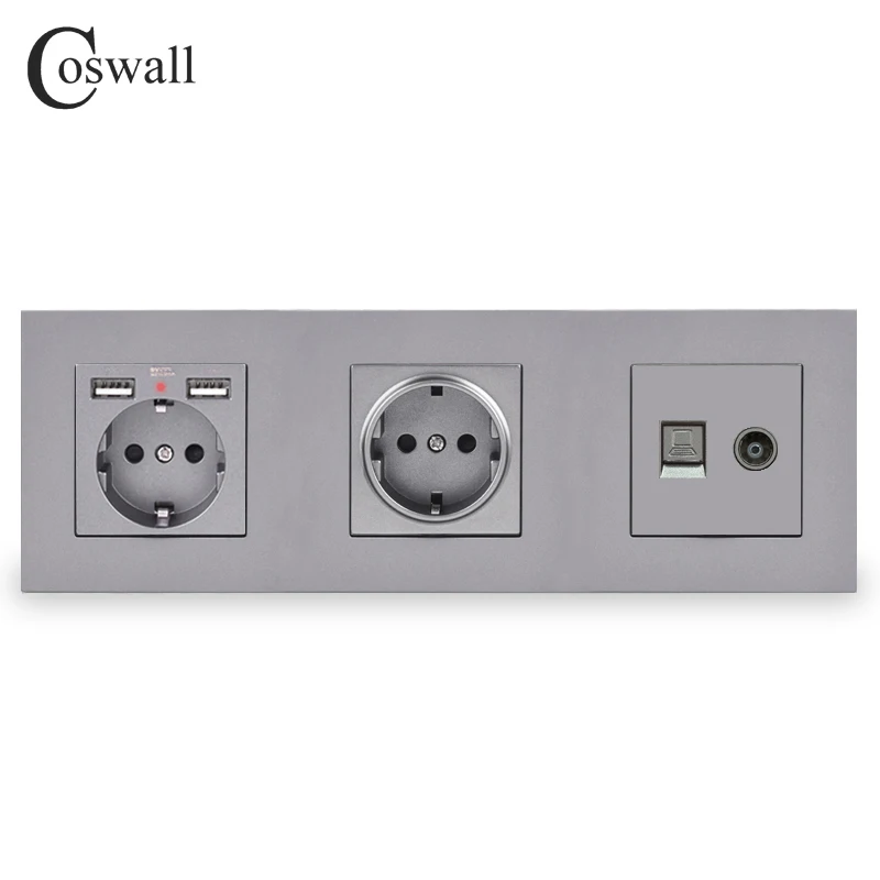 COSWALL Dobbelt EU ' s Wall Socket Jordet Med 2 USB-Opladning Port Skjulte Bløde Baggrundslys + Kvindelige TV & RJ45 Internet Outlet PC Panel