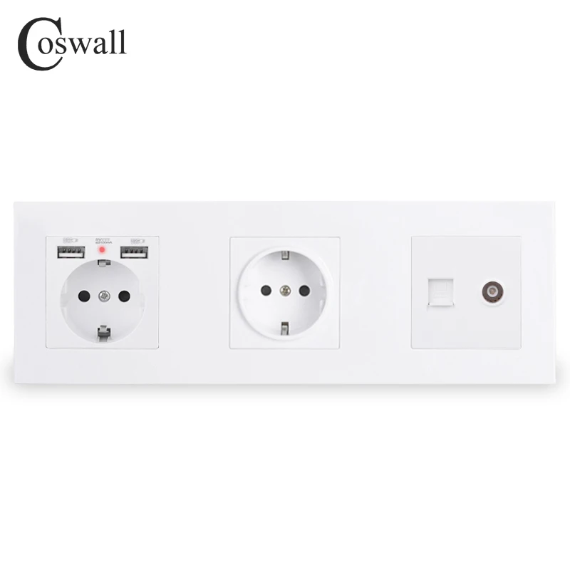 COSWALL Dobbelt EU ' s Wall Socket Jordet Med 2 USB-Opladning Port Skjulte Bløde Baggrundslys + Kvindelige TV & RJ45 Internet Outlet PC Panel