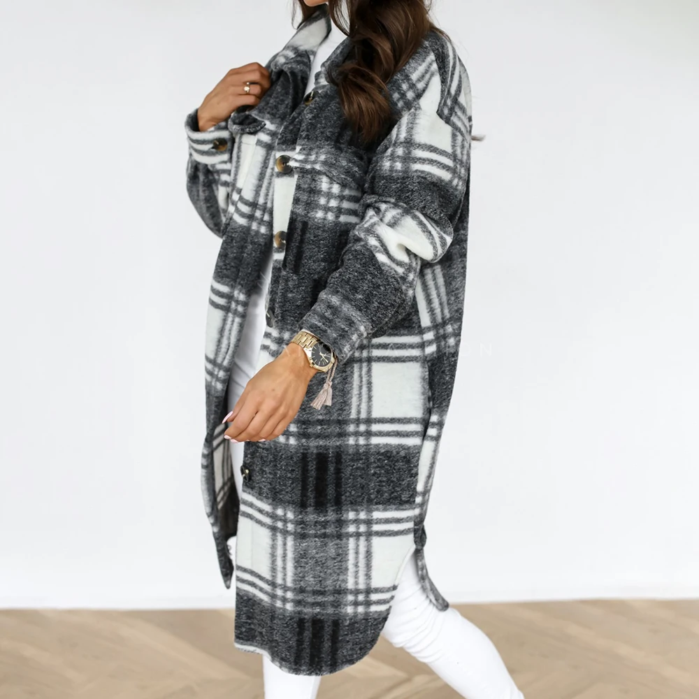 Kontrolleret Kvinder Jakke I 2020 Vinteren Ned Frakke Varm Plaid Lang Frakke Oversize Tykke Uldne Blanding Af Retro Kvindelige Streetwear