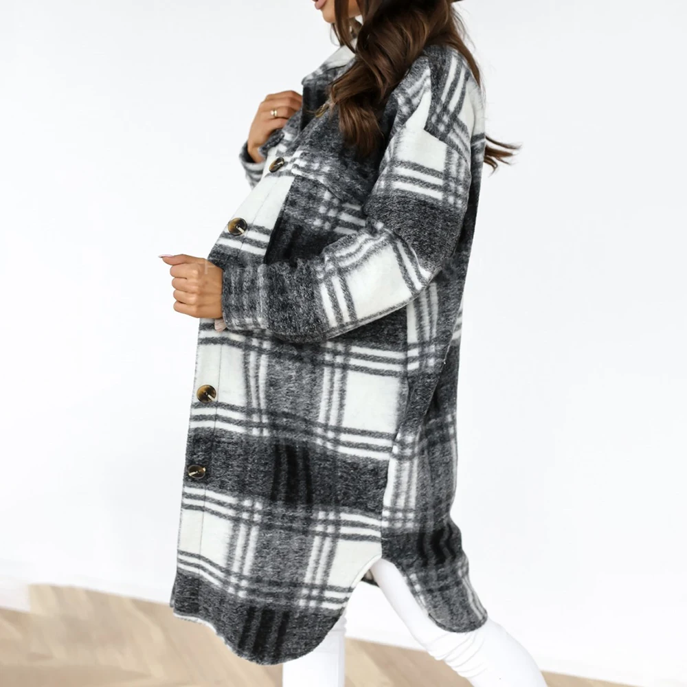 Kontrolleret Kvinder Jakke I 2020 Vinteren Ned Frakke Varm Plaid Lang Frakke Oversize Tykke Uldne Blanding Af Retro Kvindelige Streetwear