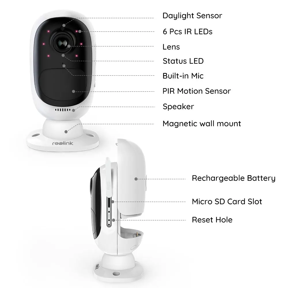 Reolink Argus 2 Full HD 1080P Udendørs Indendørs Sikkerhed IP-Kamera Genopladeligt Batteri Drevet Starlight Sensor WiFi Kamera