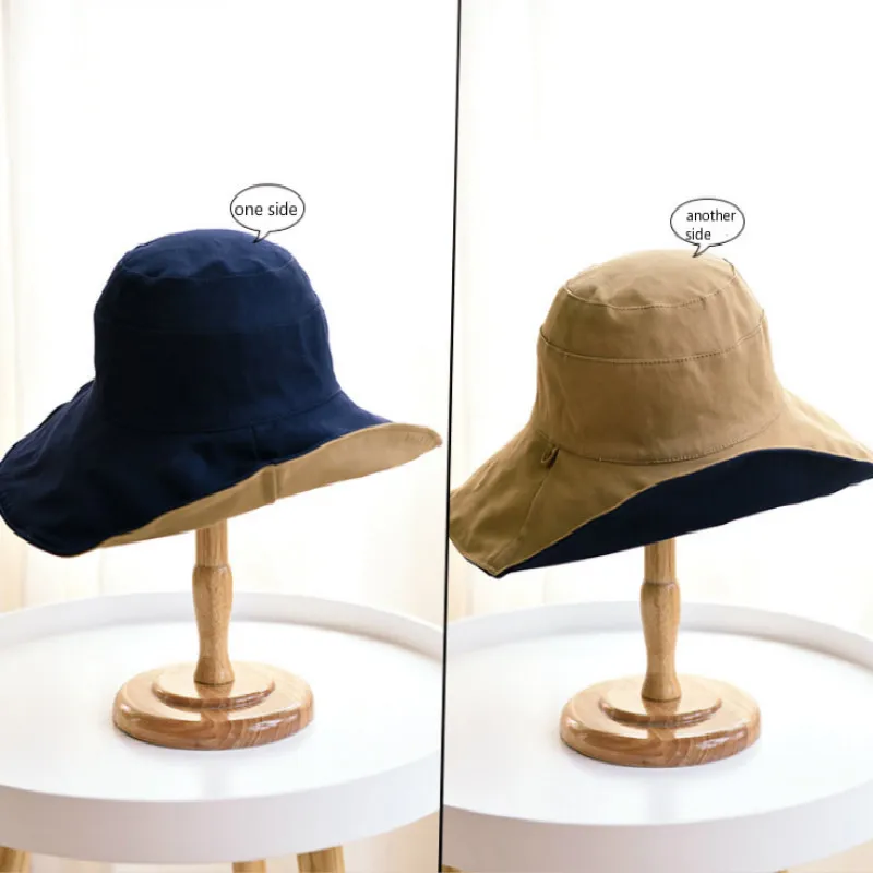 Bomuld Wide Brim Reversible Bucket Hat Med Snor Kvinder To Sider Bære Sommer, Sol Hat Blank Kvinde Fiskeri Cap Fiskere Solhat