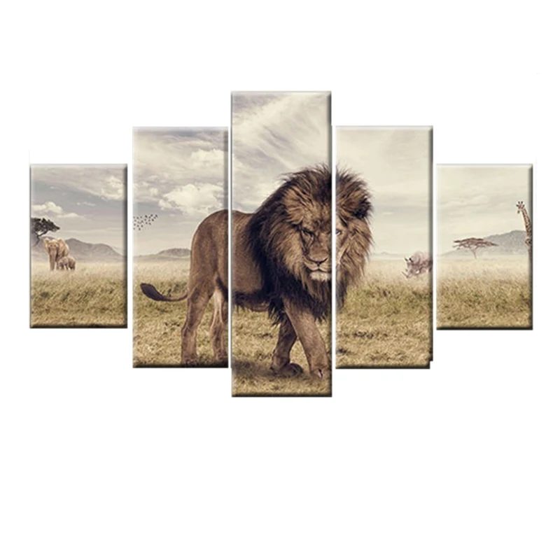 Moderne HD-print 5 stykker dyr lion landskab plakat lærred modulær ramme maleri væg kunst, stue, boligindretning