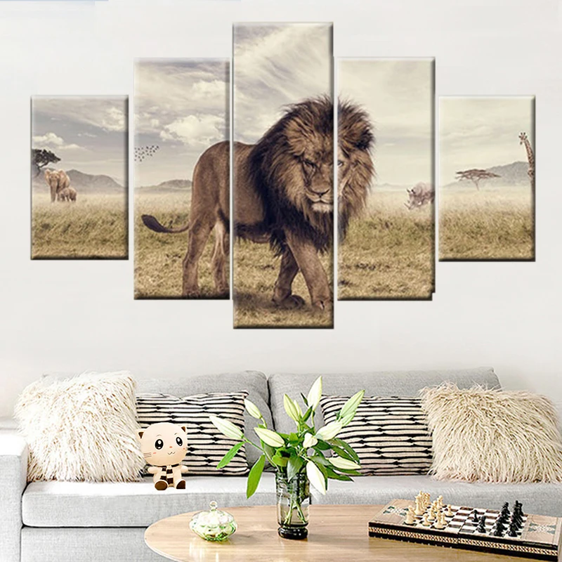 Moderne HD-print 5 stykker dyr lion landskab plakat lærred modulær ramme maleri væg kunst, stue, boligindretning
