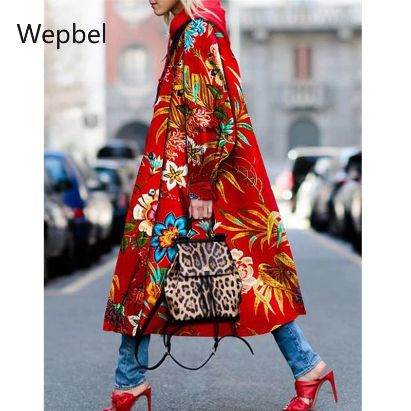 WEPBEL Kvinder Plus Size Lange Jakker Medium-Længde Uldne Frakke Trykt Langærmet Efteråret Kvindelige Blomster Udskrivning Frakker Outwear