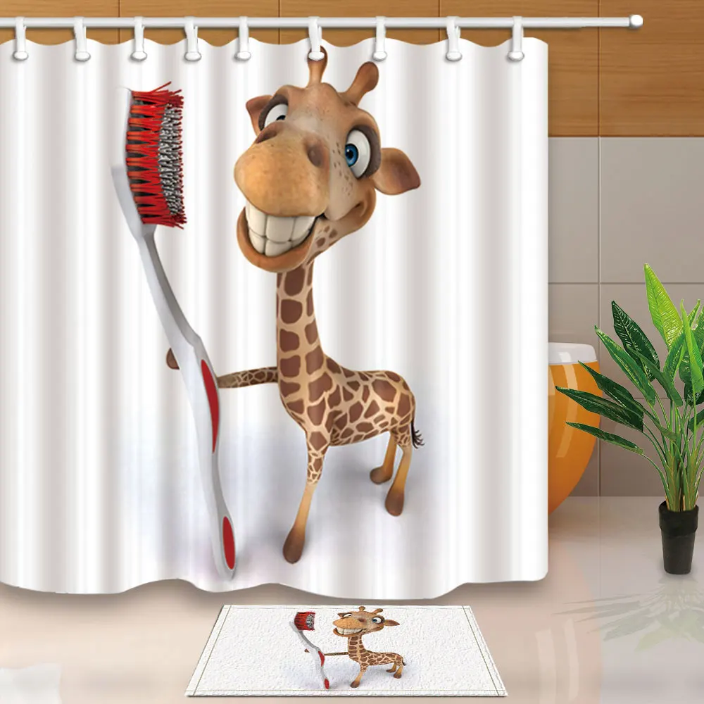 Home Decor badeforhæng Sjov Giraf med Tandbørste Badekar Skærme Polyester Stof, Vandtæt og Meldug Bevis med 12 Kroge