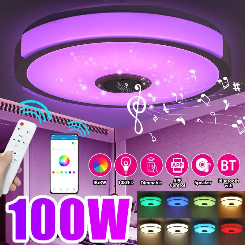 100W LED-loftsbelysning med bluetooth Højttaler Smart Phone APP-Fjernbetjening, Lys RGB-Dæmpbar Soveværelse 38cm Loft Lampe