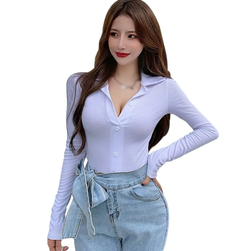 Bobora Sexede Kvindelige Tshirt Koreanske Camiseta Solid Farve Revers Tætsiddende Casual Lange Ærmer Top One Size Vetements Femmes