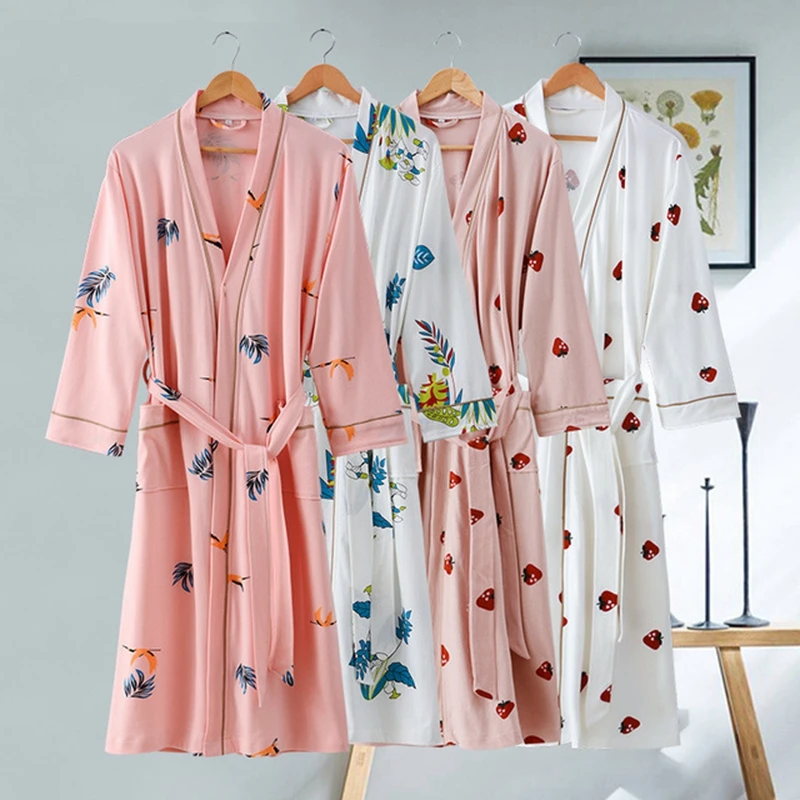 Bomuld Robe For Kvinder Dejlig Jordbær Udskrivning Morgenkåbe Bløde Ladies Casual Bomuld Sleeprobe Løs Homewear
