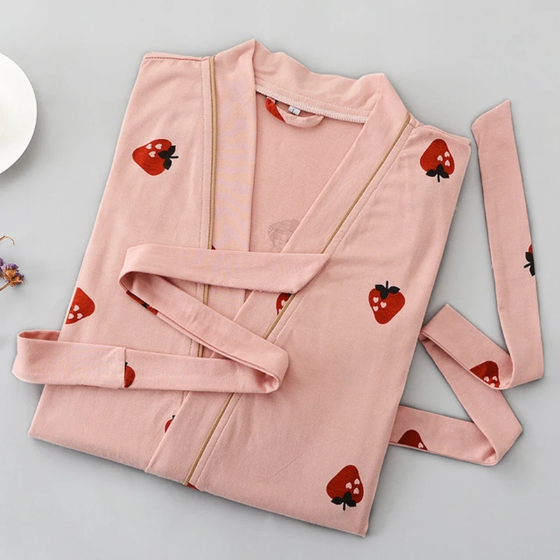 Bomuld Robe For Kvinder Dejlig Jordbær Udskrivning Morgenkåbe Bløde Ladies Casual Bomuld Sleeprobe Løs Homewear