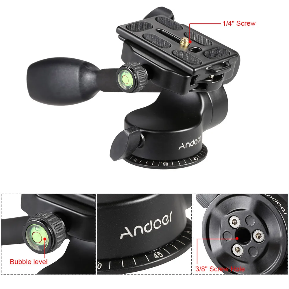 Andoer Q08 Video Stativ kuglehoved 3-vejs Væske Hoved Rocker Arm med Quick Release Plade til DSLR-Kamera Stativ Monopod