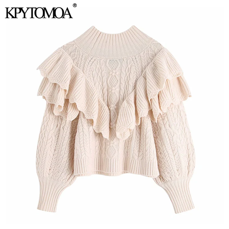 KPYTOMOA Kvinder 2021 Mode Pjusket Beskåret Strikket Sweater Vintage Høj Hals Lanterne Ærme Kvindelige Pullovere Smarte Toppe